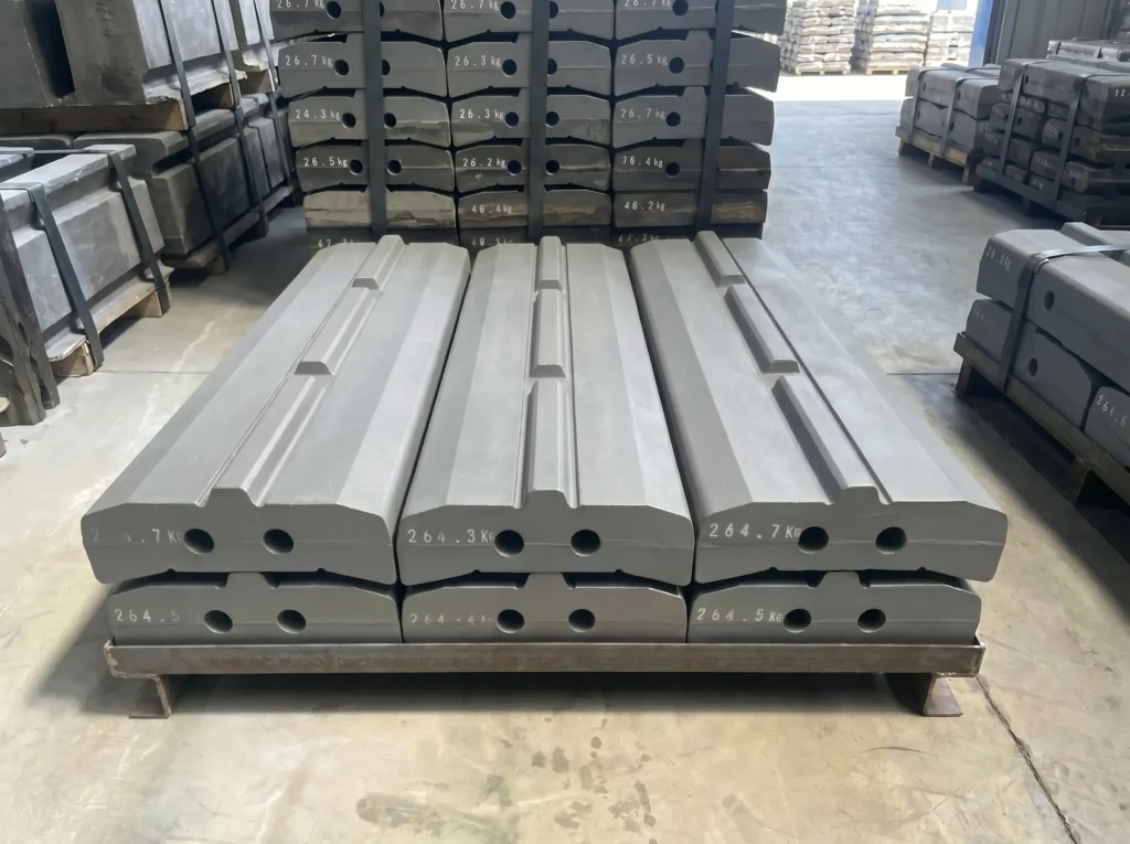 impact-crusher-blow-bars-stacked-pallet Impact crusher blow bars stacked on pallet for HSI crusher