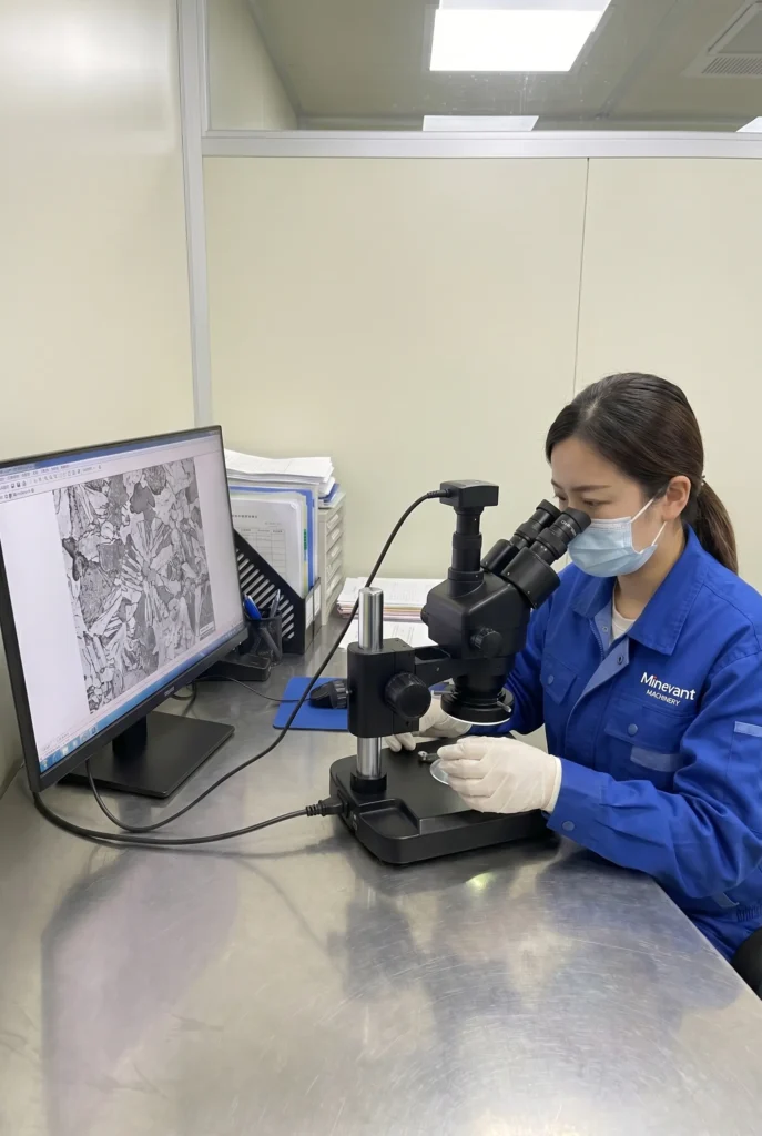 MineVant technician performing metallographic analysis for crusher wear parts quality inspection.